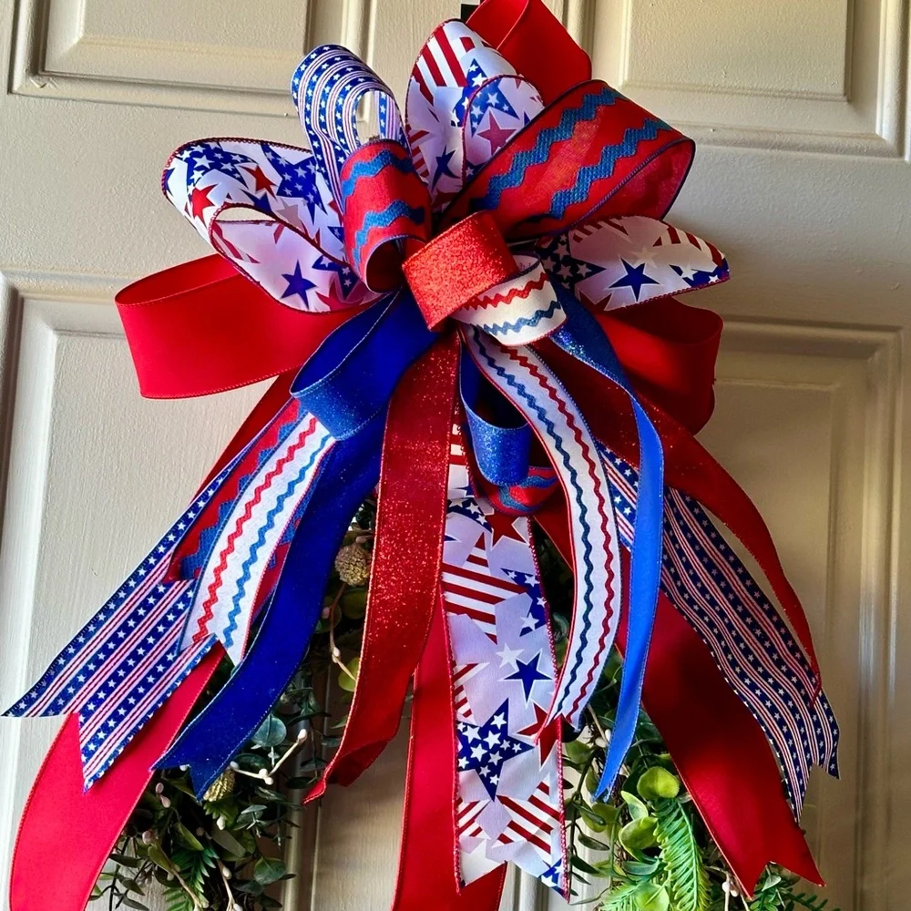 Patriotic Ric Rac Red, White, and Blue Holiday Bow; Custom Handmade Bow